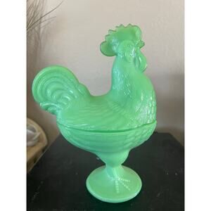 Vintage Jadeite Rooster Lidded Candy Dish – Green Glass Collectible